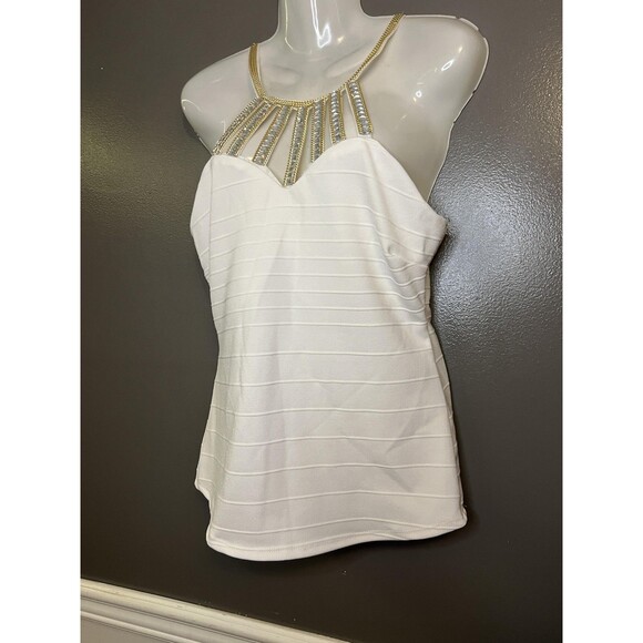 Marianne Tank Top Womens Large White Gold Beaded Strappy Halter Party USA - Picture 3 of 6
